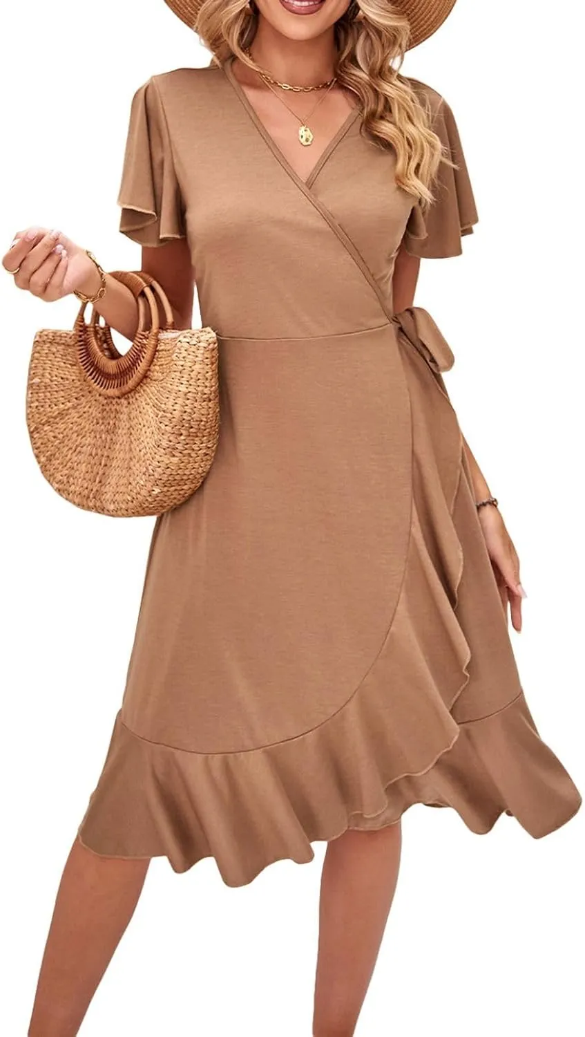 Women's Summer Dresses Midi Dress Short Sleeve Wrap V Neck Casual Belted Deep V Neck Spring