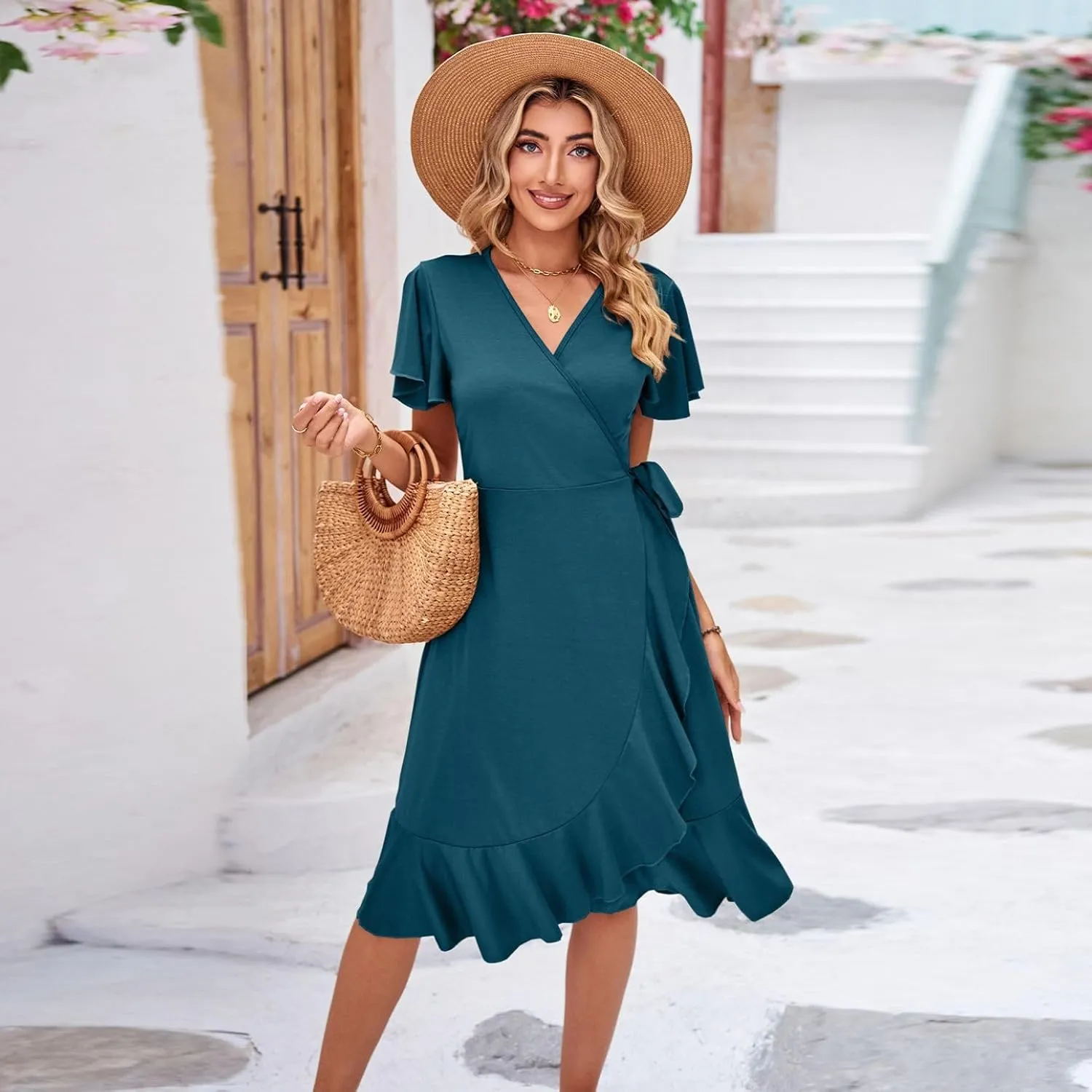Women's Summer Dresses Midi Dress Short Sleeve Wrap V Neck Casual Belted Deep V Neck Spring