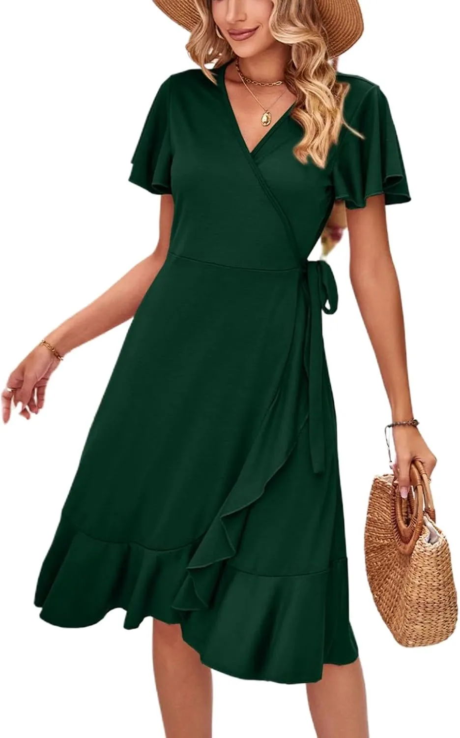 Women's Summer Dresses Midi Dress Short Sleeve Wrap V Neck Casual Belted Deep V Neck Spring