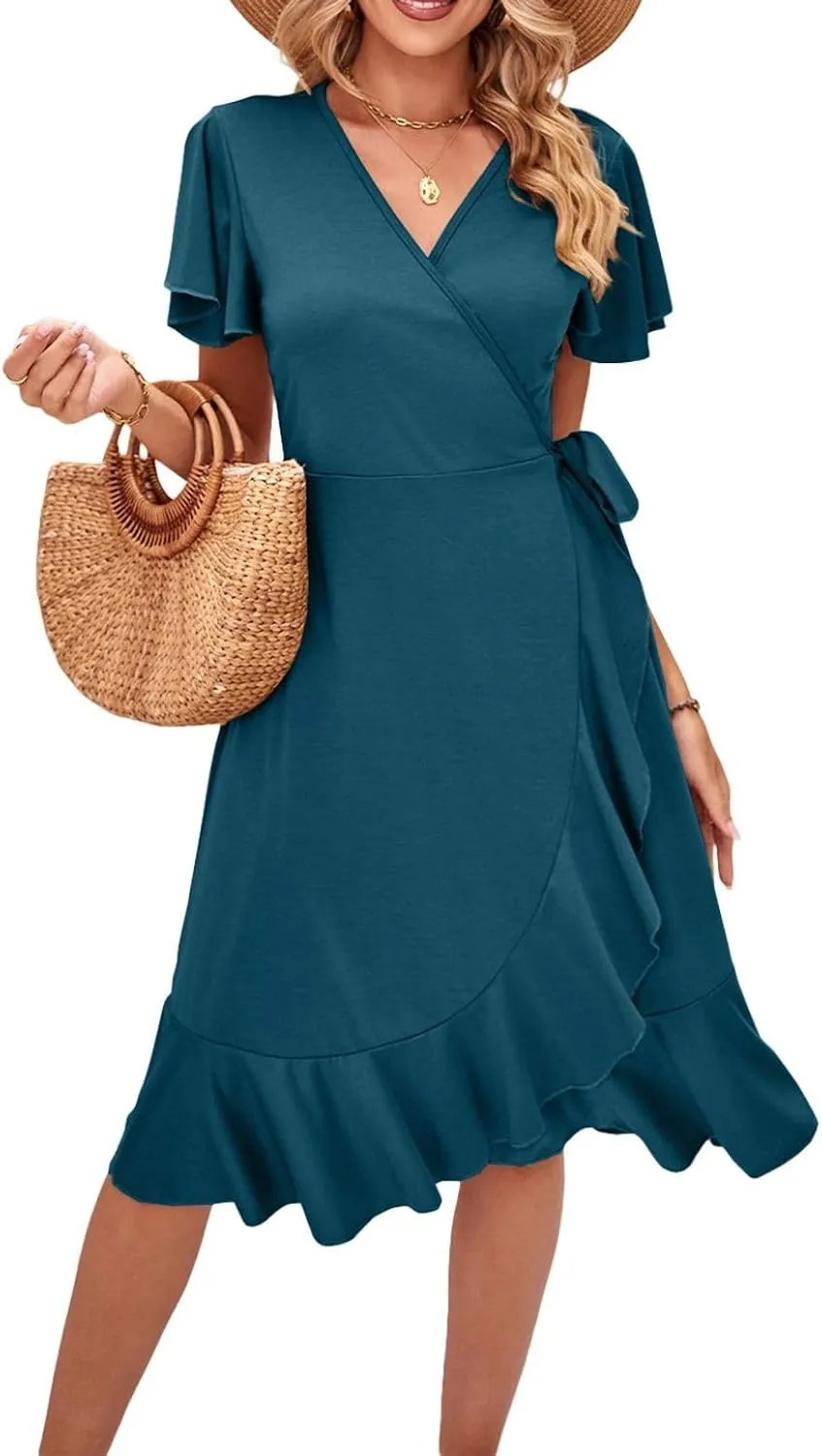 Women's Summer Dresses Midi Dress Short Sleeve Wrap V Neck Casual Belted Deep V Neck Spring