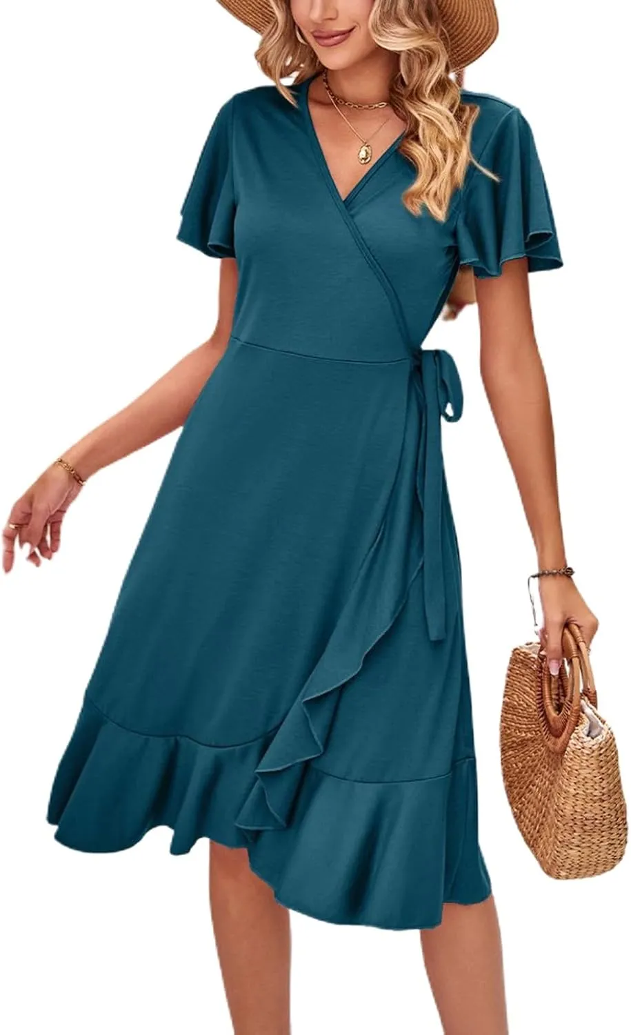 Women's Summer Dresses Midi Dress Short Sleeve Wrap V Neck Casual Belted Deep V Neck Spring