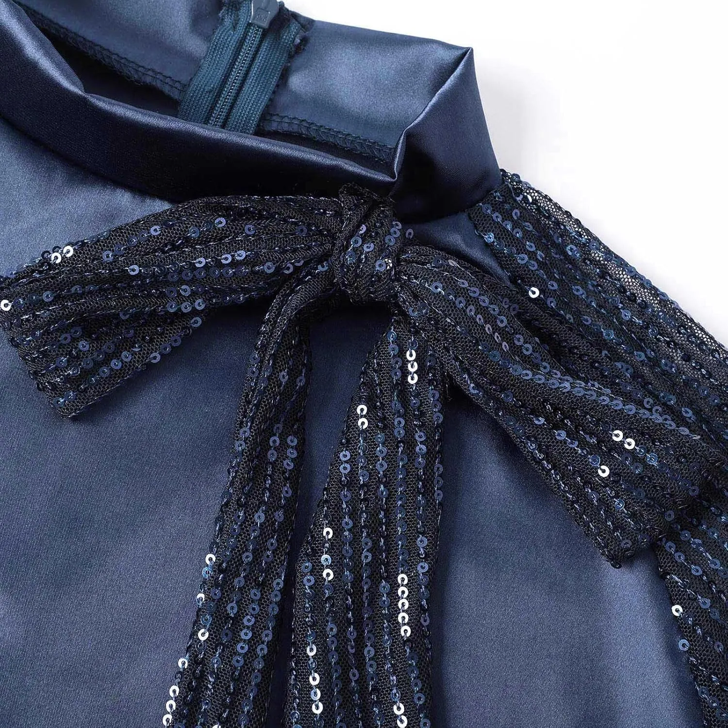 Women's Sweet Long Sleeved Round Neck Stitching Sequined Tie Mini Skirt Sweater for Sleeveless Dress
