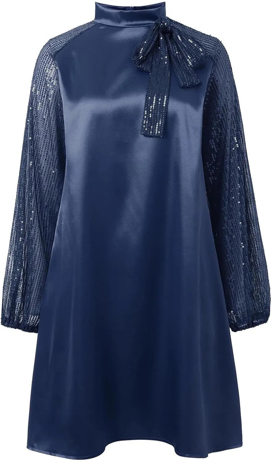 Women's Sweet Long Sleeved Round Neck Stitching Sequined Tie Mini Skirt Sweater for Sleeveless Dress