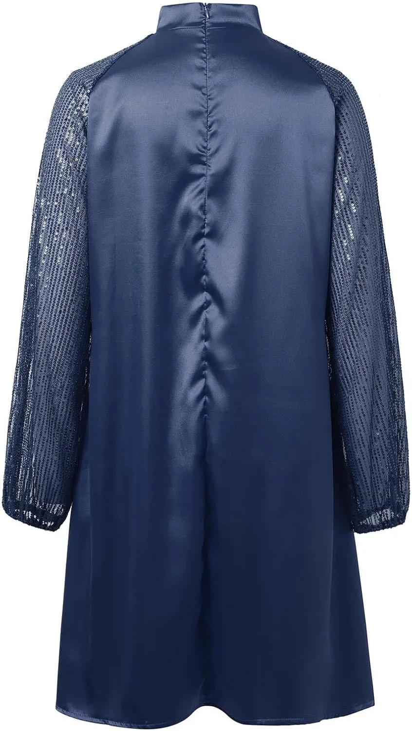Women's Sweet Long Sleeved Round Neck Stitching Sequined Tie Mini Skirt Sweater for Sleeveless Dress