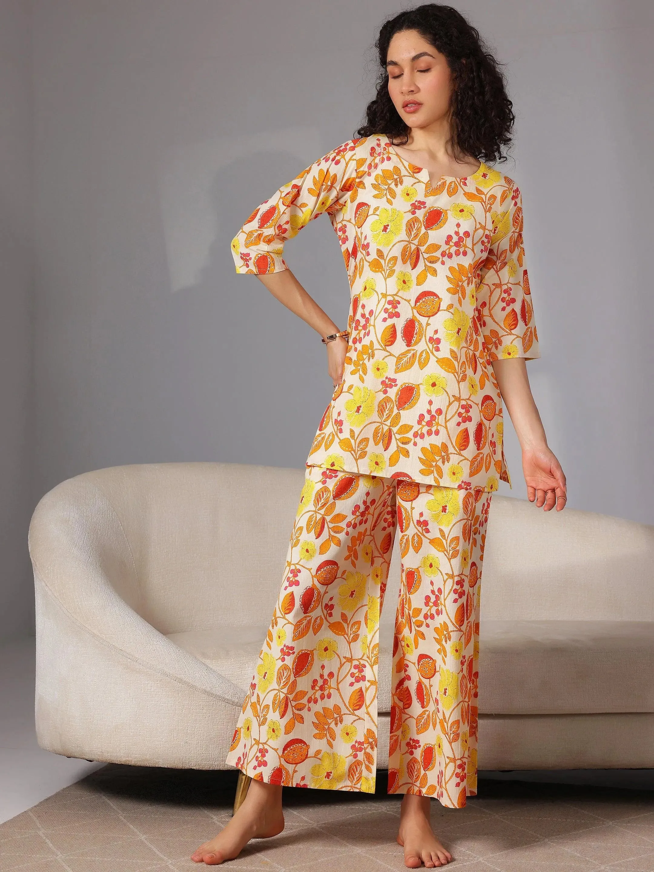 Yellow Printed Cotton Night Suits