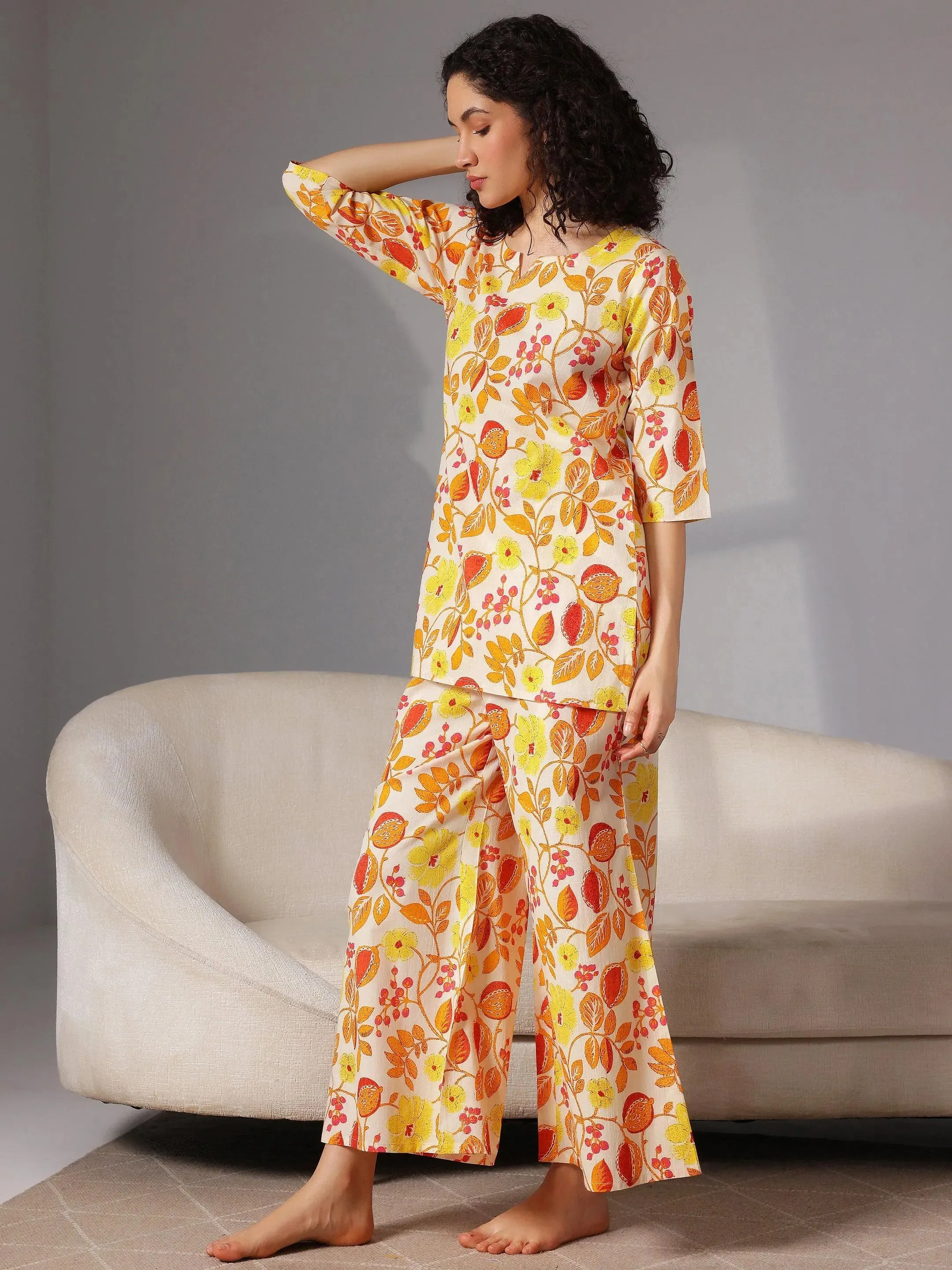 Yellow Printed Cotton Night Suits